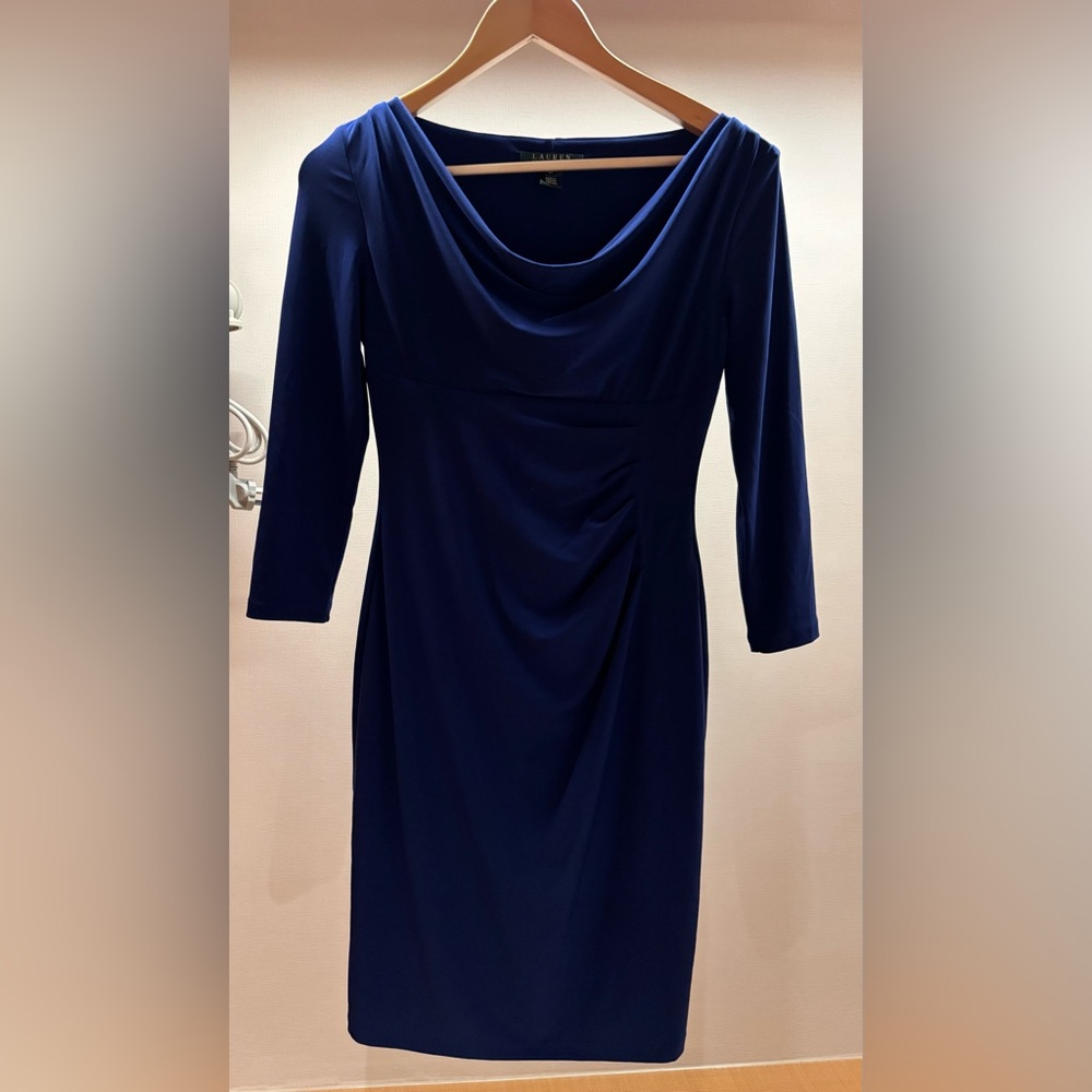 Lauren Ralph Lauren Sapphire Blue Side Ruched V Neck Knit Dress ¾ Sleeve 2P